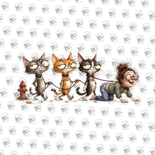 Katzen führen Frauchen aus als Rub-on-Sticker, einzeln