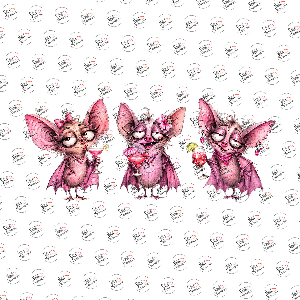 Pinke Fledermäuse mit Cocktails als Rub-on-Sticker, einzeln
