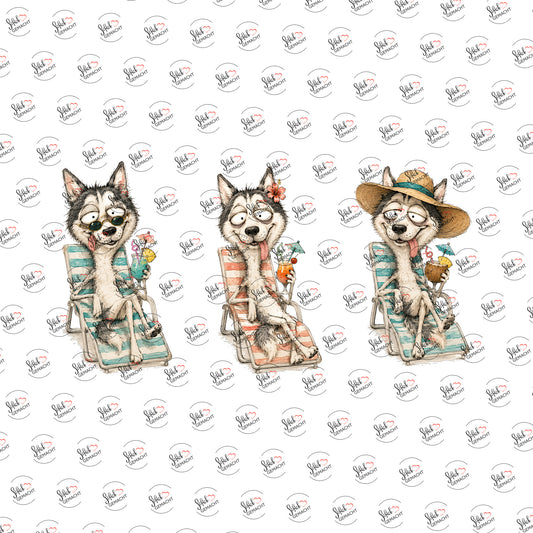 Huskys in Sommerkleidern als Rub-on-Sticker, einzeln