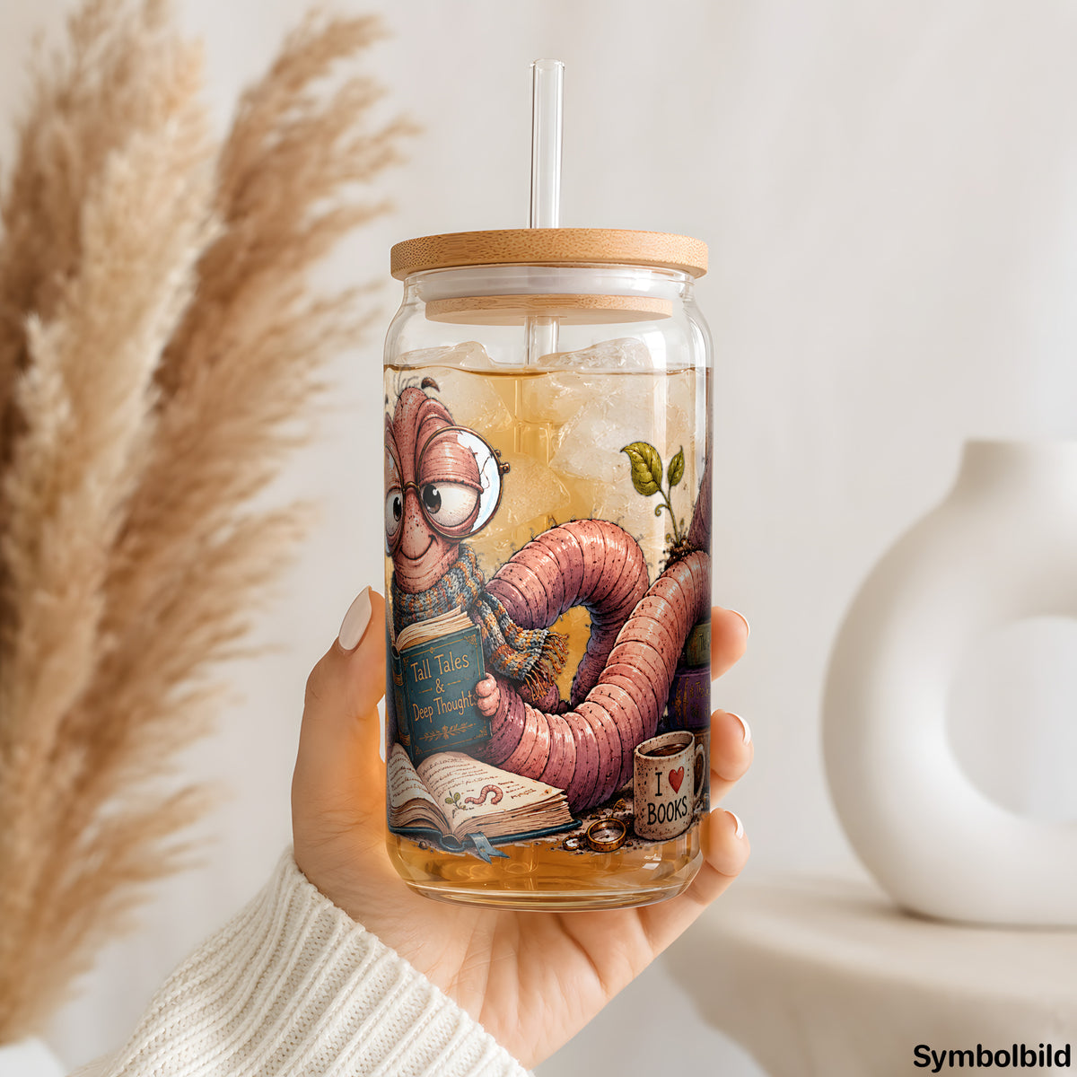 Becher-Aufkleber „Bücherwurm mit Kaffee“ auf einem 16oz Glasbecher