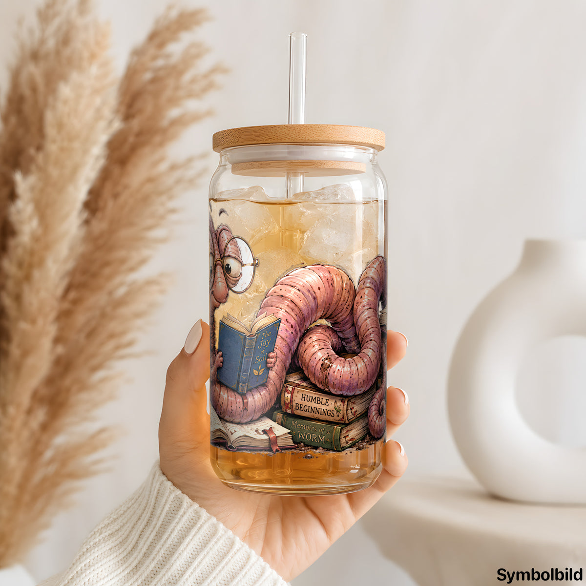 Becher-Aufkleber „Bücherwurm mit Brille“ auf einem 16oz Glasbecher