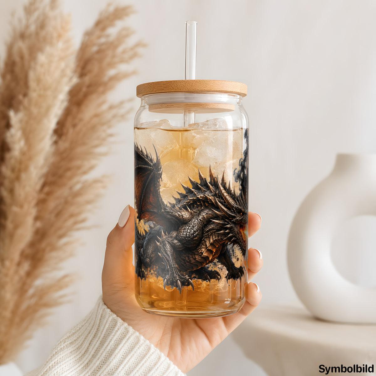 Becher-Aufkleber „Feuerdrache in Bronze“ auf einem 16oz Glasbecher