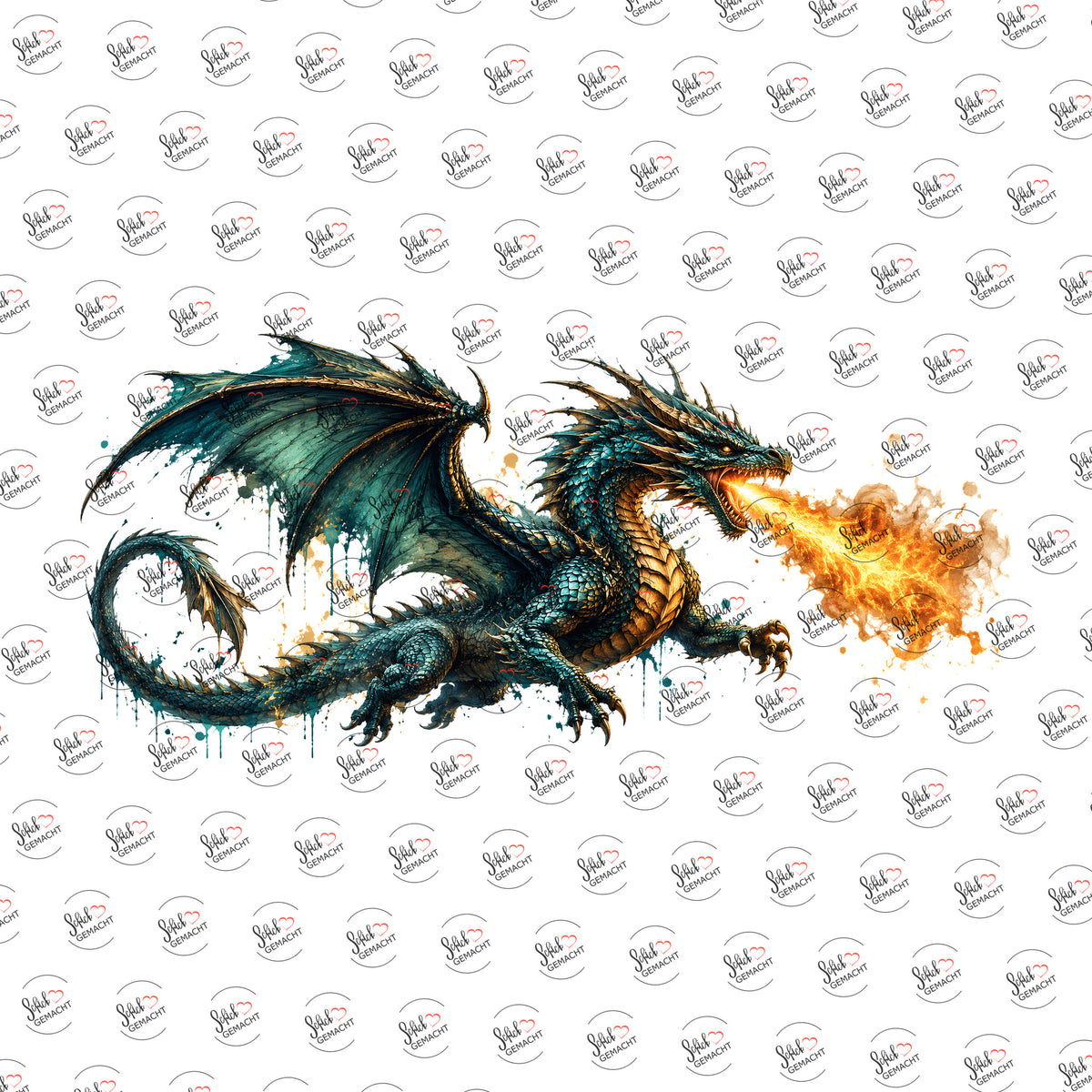 Feuerdrache in Türkis als Rub-on-Sticker, einzeln
