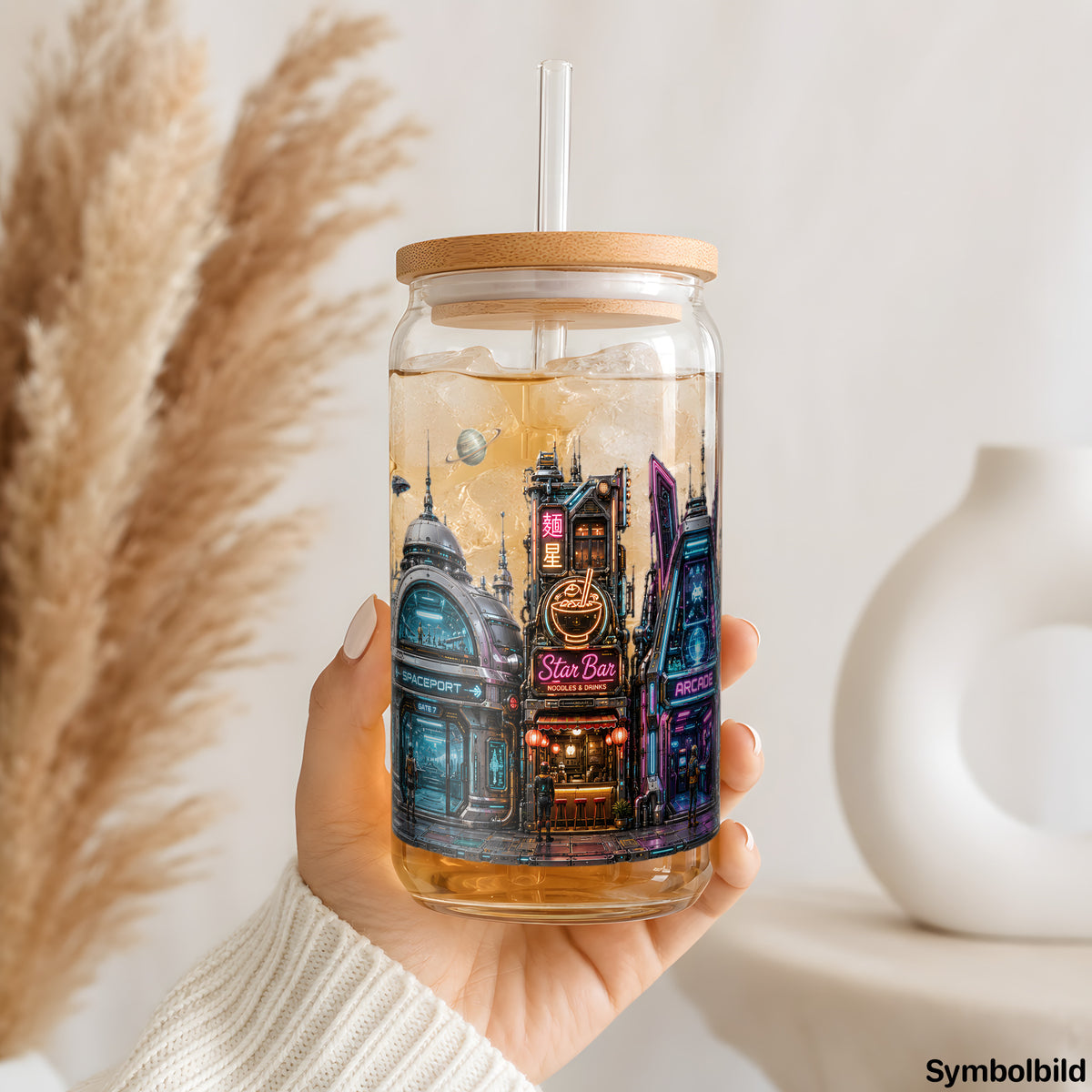Becher-Aufkleber „Cyberpunk-Stadt bei Nacht“ auf einem 16oz Glasbecher