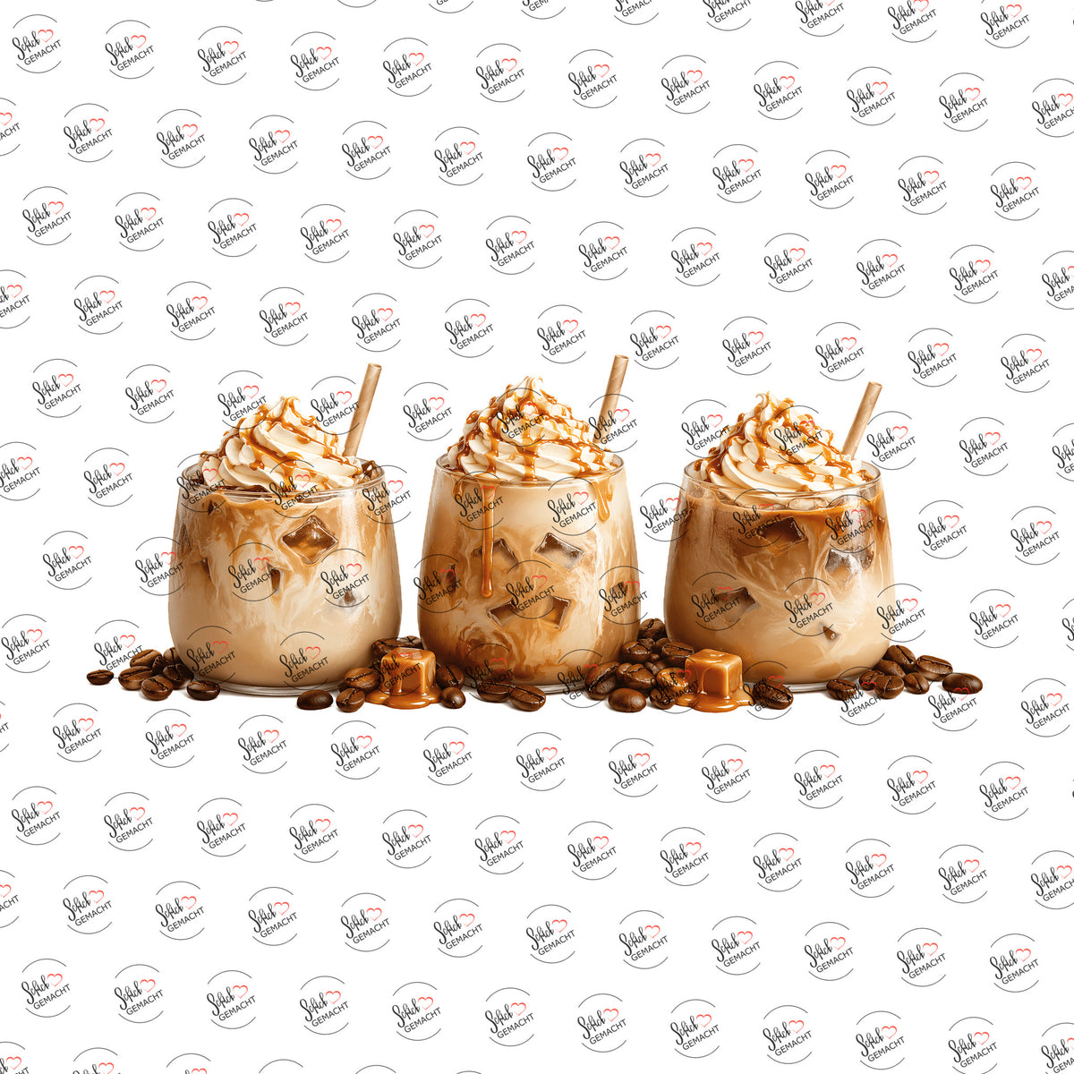 Karamell-Eiskaffee mit Sahne als Rub-on-Sticker, einzeln