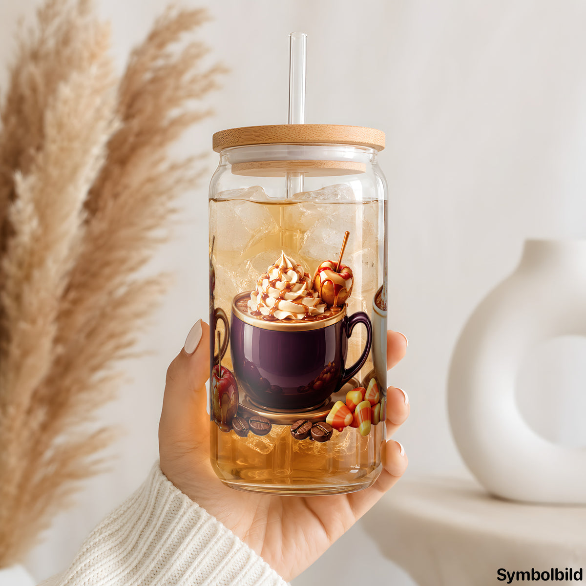 Karamellapfel-Kaffee-Aufkleber auf einem 16oz Glasbecher