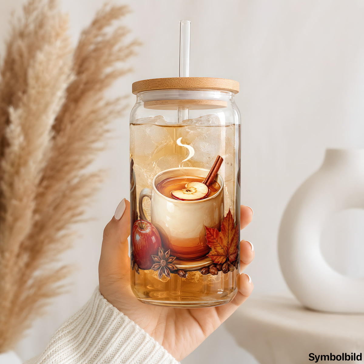 Apfel-Zimt-Kaffee-Aufkleber auf einem 16oz Glasbecher