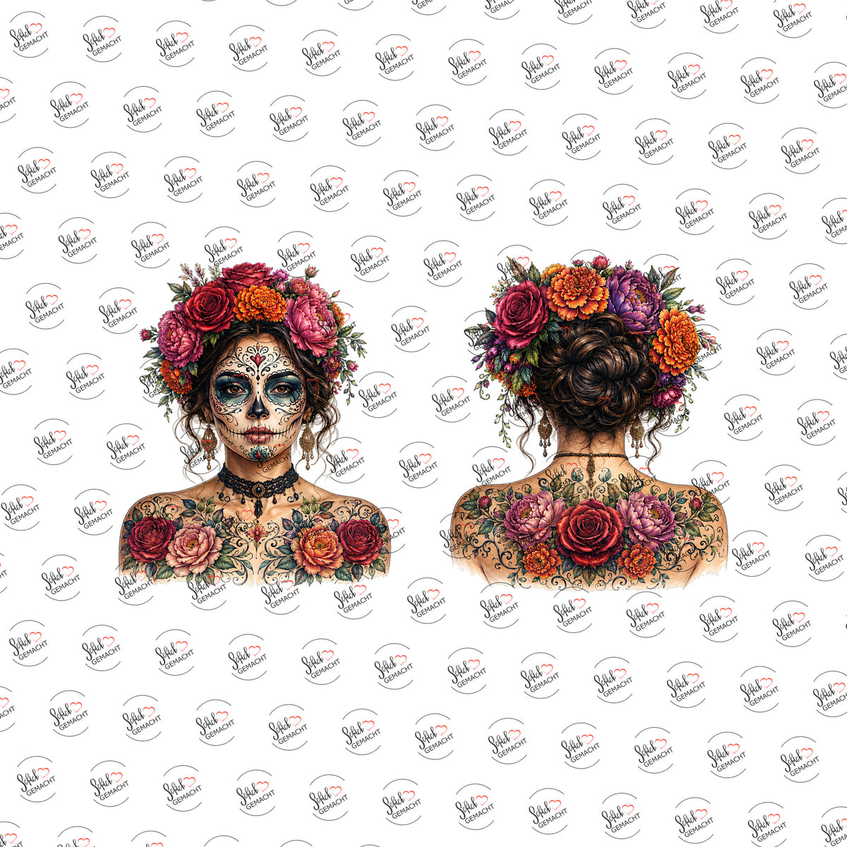 Catrina mit Blumenkrone als Rub-on-Sticker, einzeln