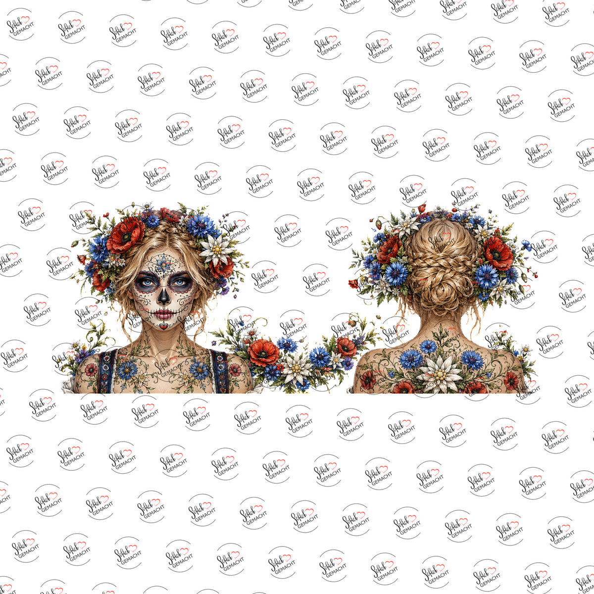 Dirndl-Dame mit Blumenkranz als Rub-on-Sticker, einzeln