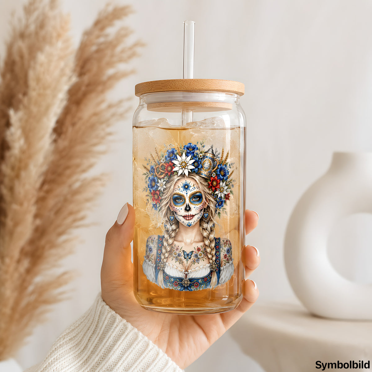 Becher-Aufkleber „Catrina mit Edelweißkrone“ auf einem 16oz Glasbecher