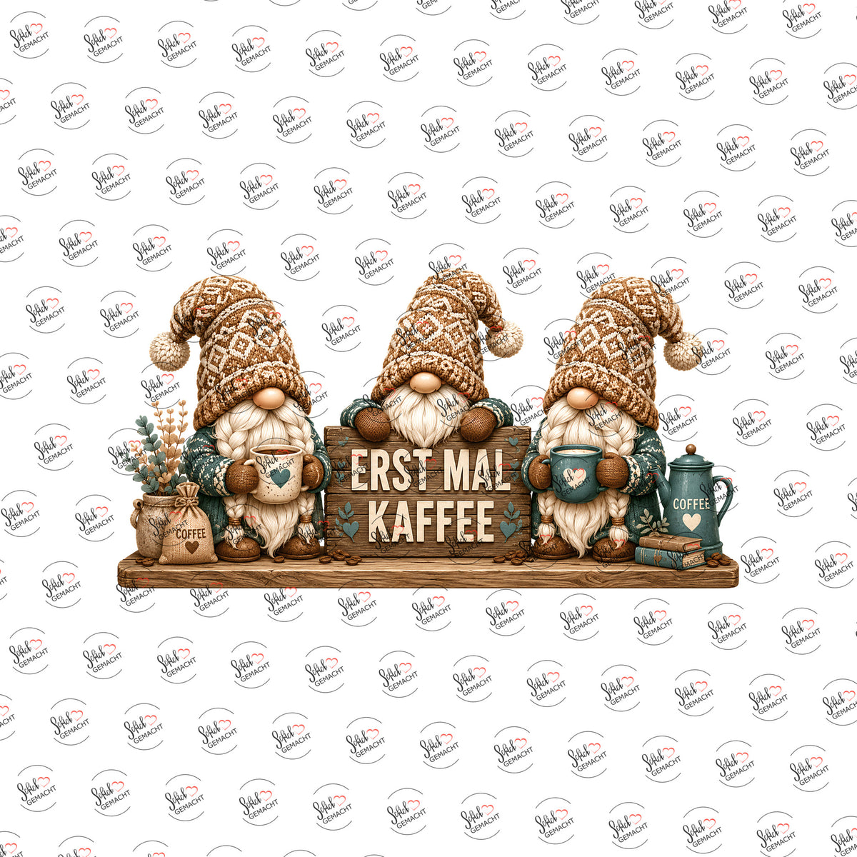 Wichteltrio: Erst mal Kaffee als Rub-on-Sticker, einzeln