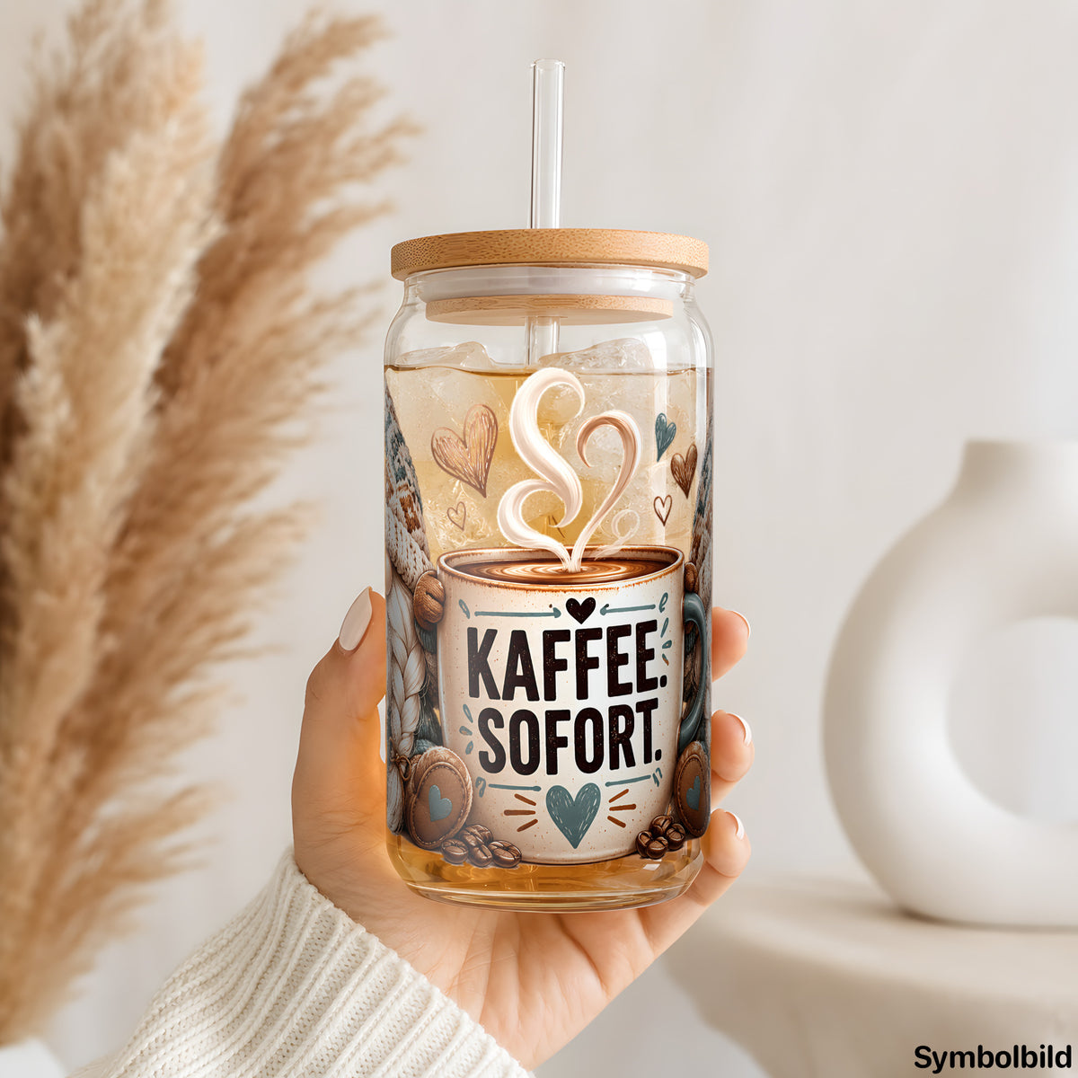 Becher-Aufkleber „Kaffee. Sofort.“ auf einem 16oz Glasbecher