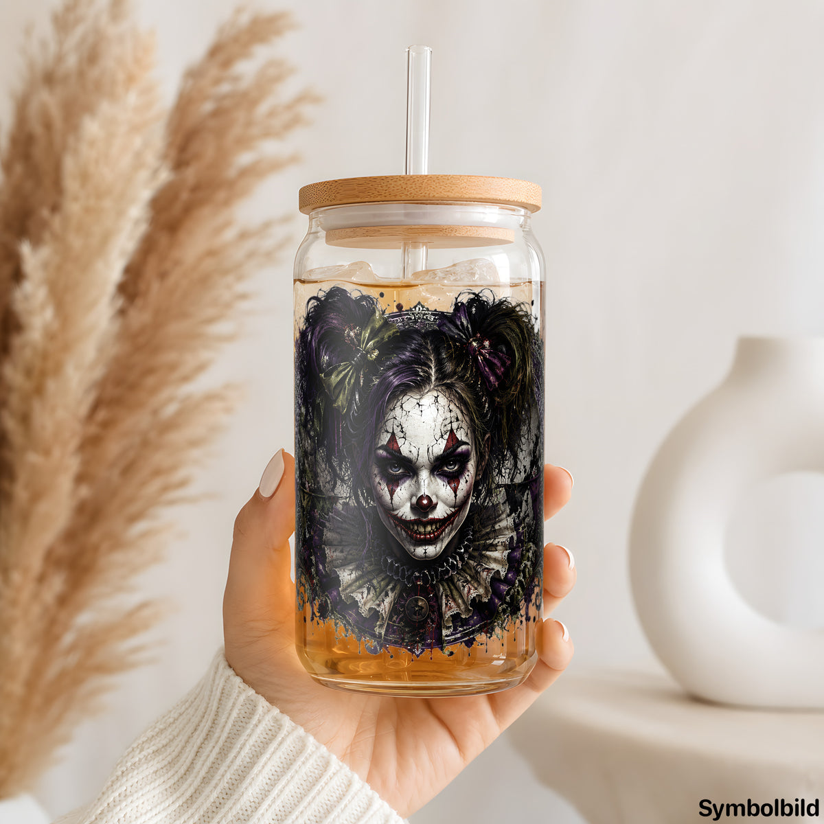 Becher-Aufkleber „Clown mit Zöpfen“ auf einem 16oz Glasbecher