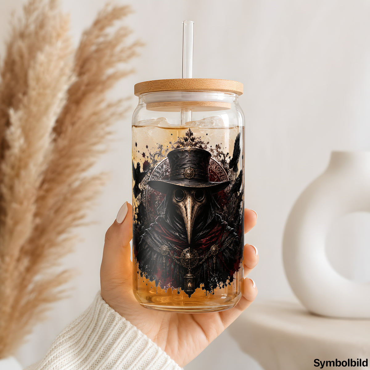 Becher-Aufkleber „Pestarzt mit Laterne“ auf einem 16oz Glasbecher