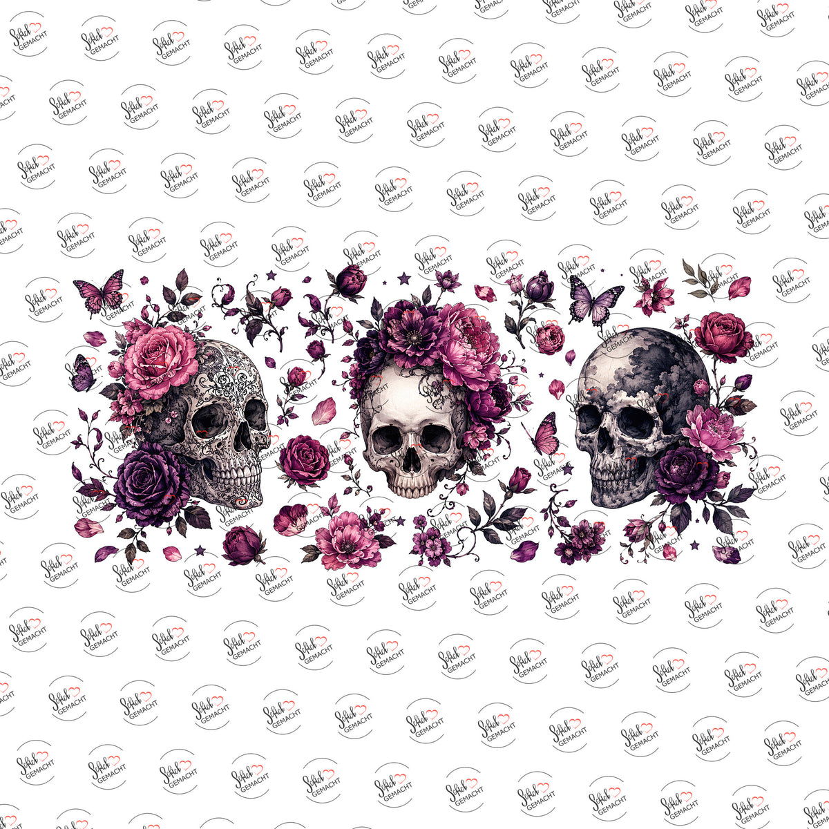 Zuckerschädel mit Rosen als Rub-on-Sticker, einzeln