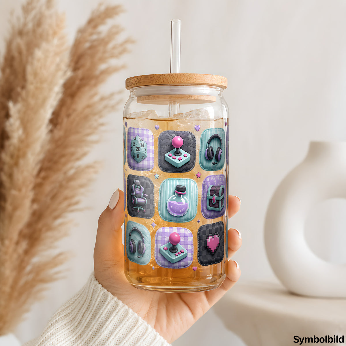 Gaming-Kachelmuster-Aufkleber auf einem 16oz Glasbecher