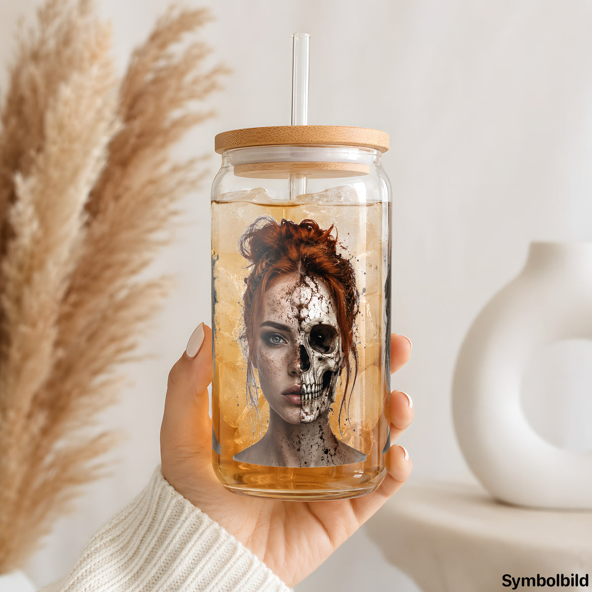 Becher-Aufkleber „Halb Frau, halb Totenkopf“ auf einem 16oz Glasbecher