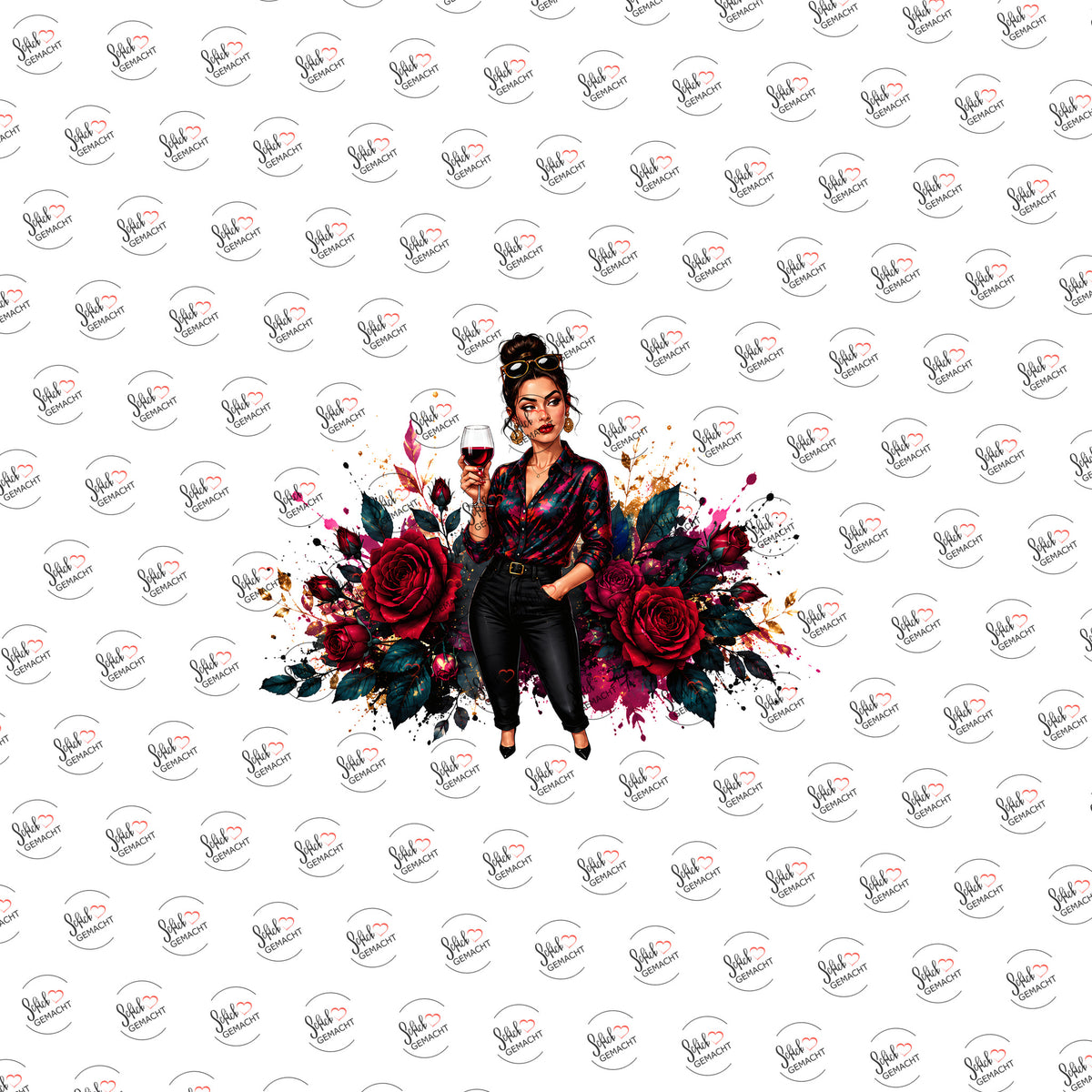 Dame mit Rosen und Wein als Rub-on-Sticker, einzeln