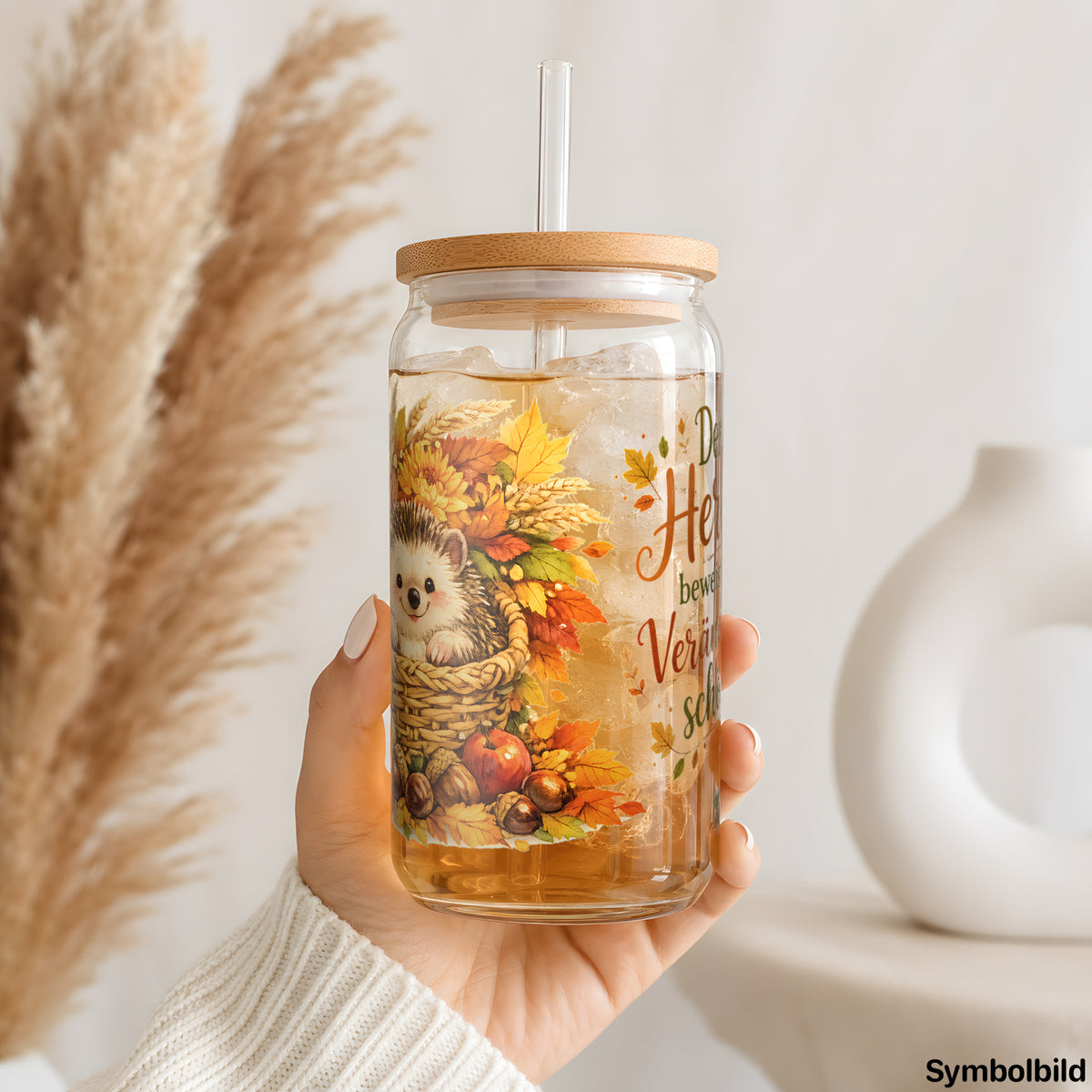 Becher-Aufkleber „Herbstspruch mit Igel“ auf einem 16oz Glasbecher