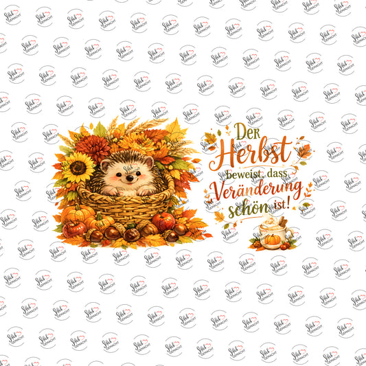 Herbstspruch mit Igel als Rub-on-Sticker, einzeln