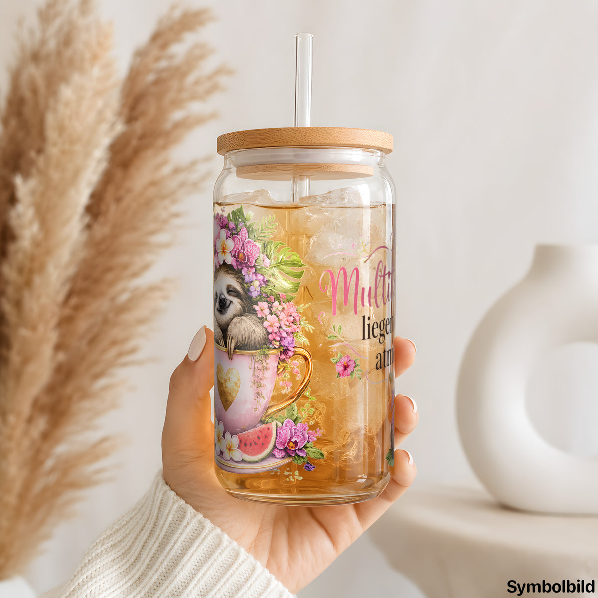 Becher-Aufkleber „Multitasking: liegen und atmen“ auf einem 16oz Glasbecher