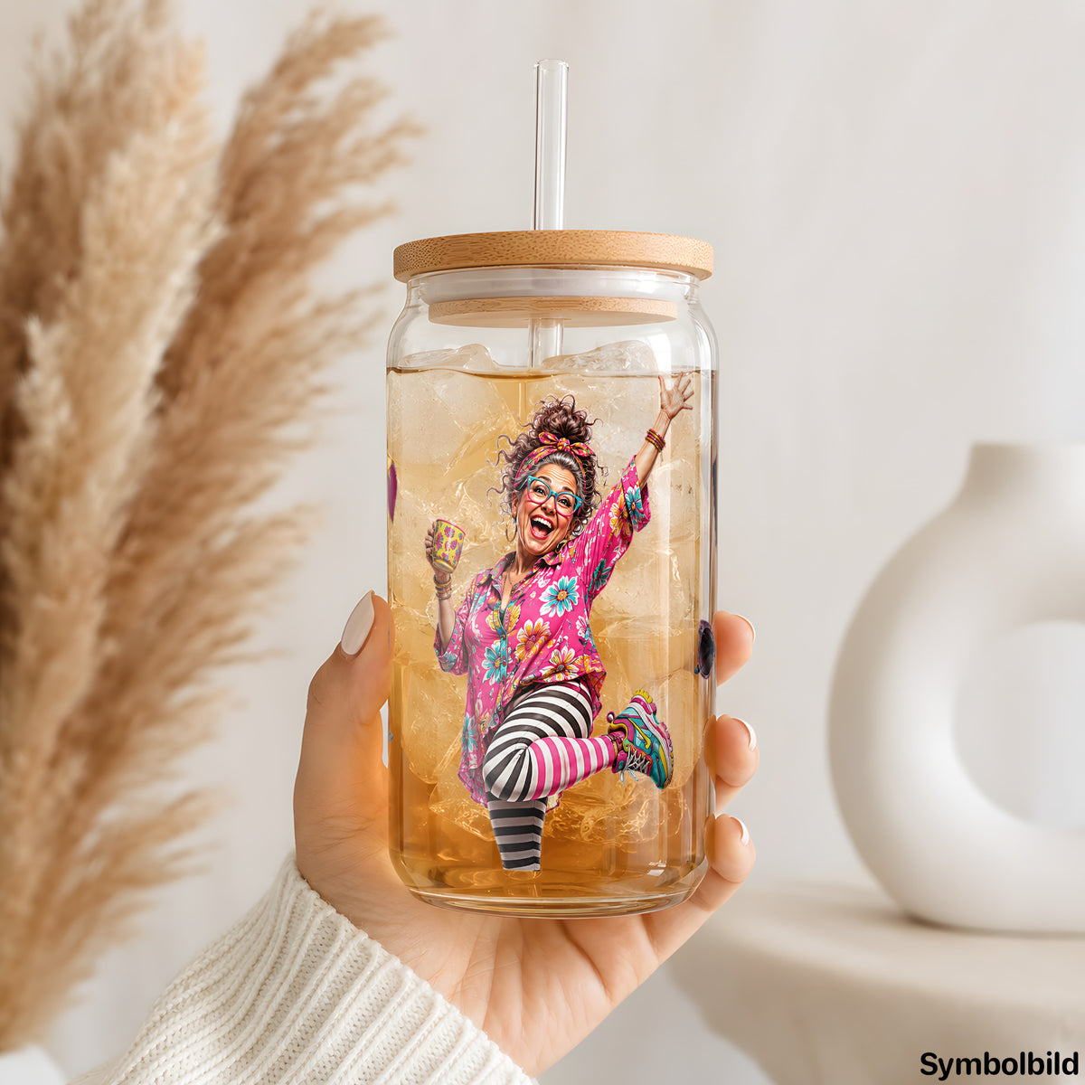 Becher-Aufkleber „Bunt und fröhlich“ auf einem 16oz Glasbecher