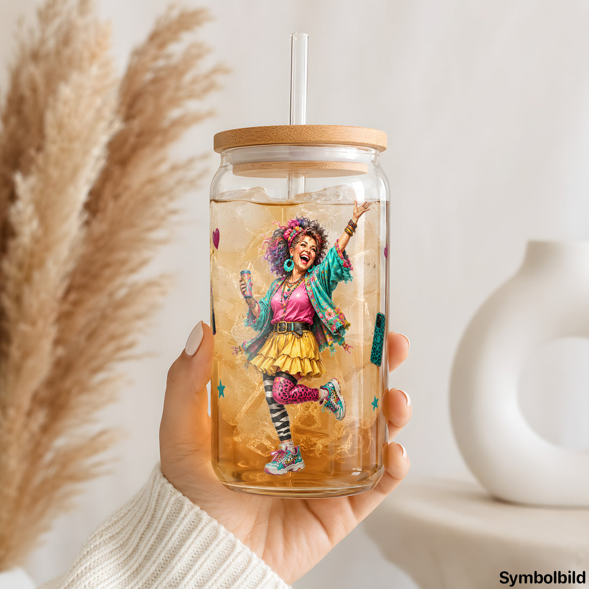 Becher-Aufkleber „Frau im Farbenmix“ auf einem 16oz Glasbecher