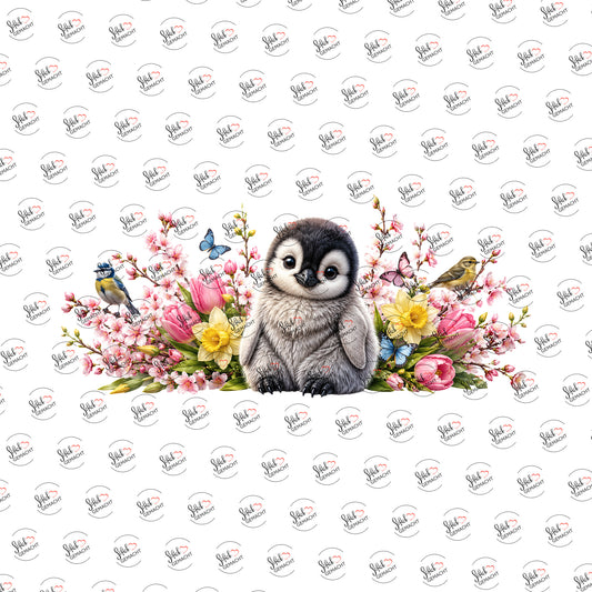 Pinguinbaby im Blütenmeer als Rub-on-Sticker, einzeln