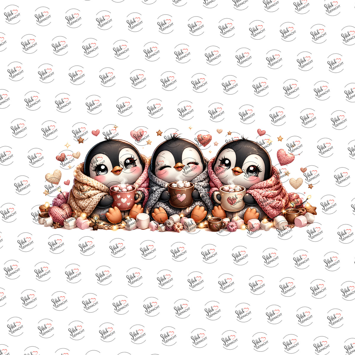 Pinguine mit Herzen als Rub-on-Sticker, einzeln
