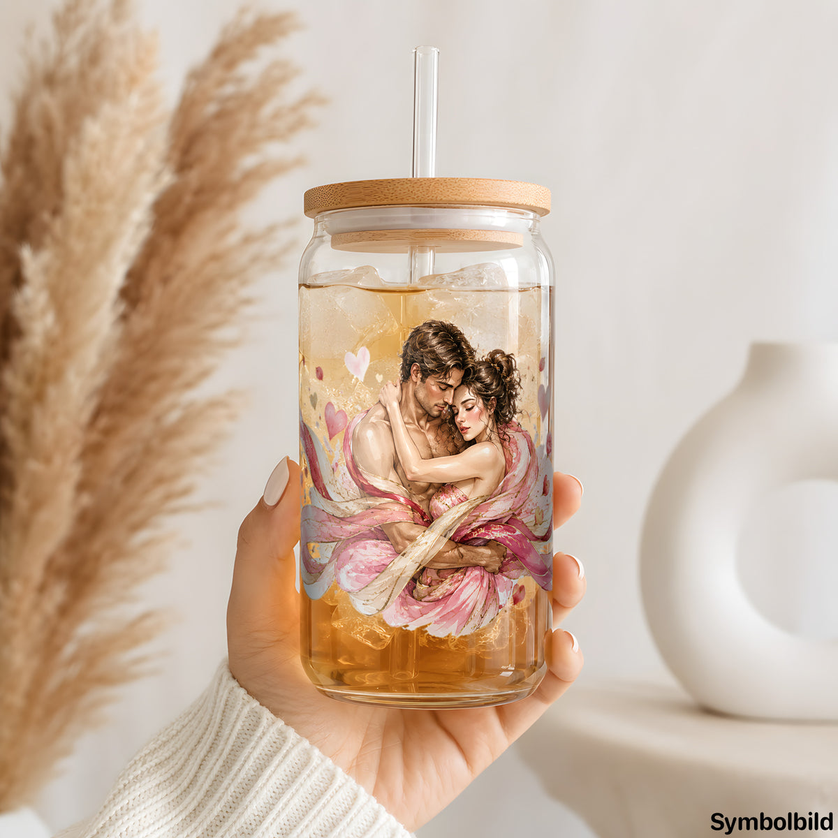 Becher-Aufkleber „Umarmung in Rosé“ auf einem 16oz Glasbecher