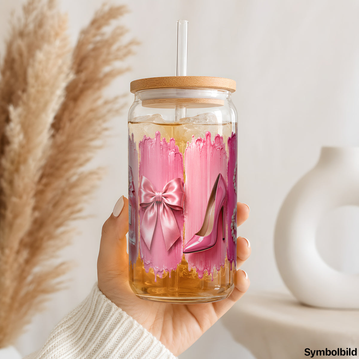 Becher-Aufkleber „Pinke Lieblingsstücke“ auf einem 16oz Glasbecher