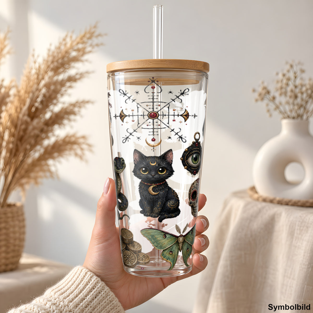 Becher-Aufkleber „Katzenzauber und Zuckerschädel“ auf einem 24oz Glasbecher