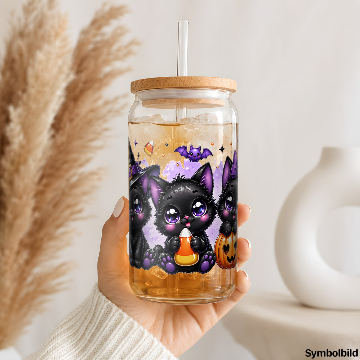 Becher-Aufkleber „Schwarze Kätzchen zu Halloween“ auf einem 16oz Glasbecher