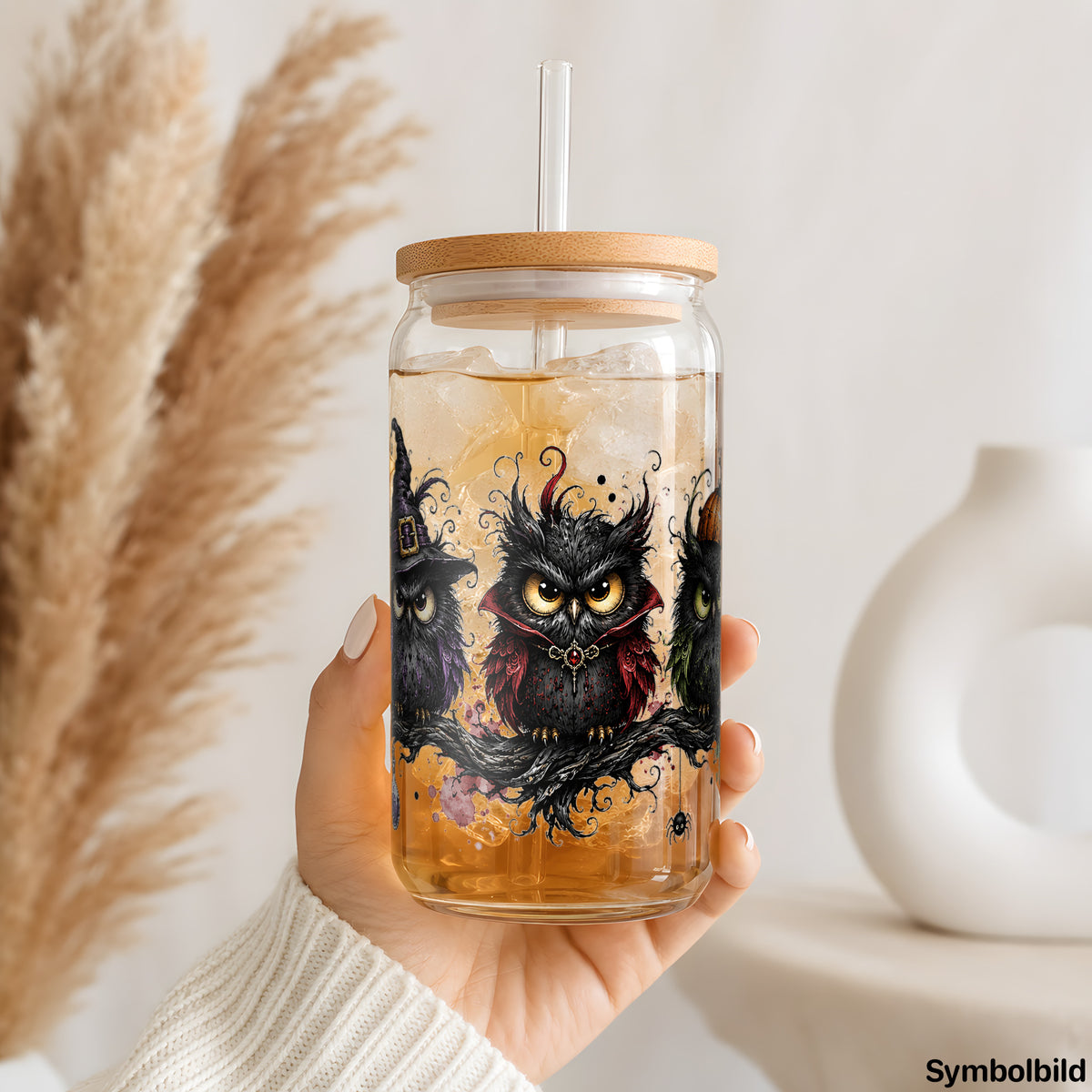 Becher-Aufkleber „Hexeneulen mit Kürbis“ auf einem 16oz Glasbecher
