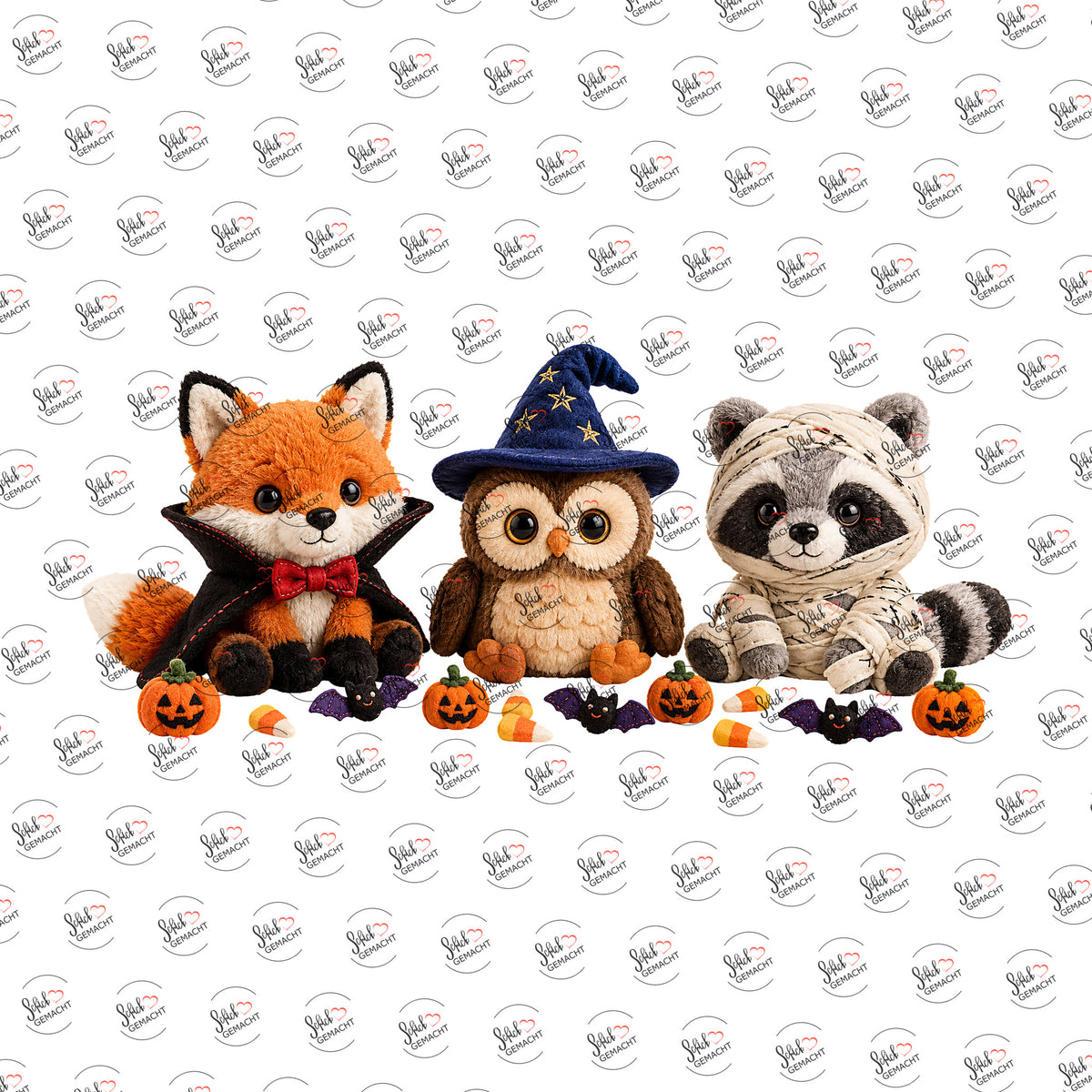 Fuchs, Eule und Waschbär im Kostüm als Rub-on-Sticker, einzeln