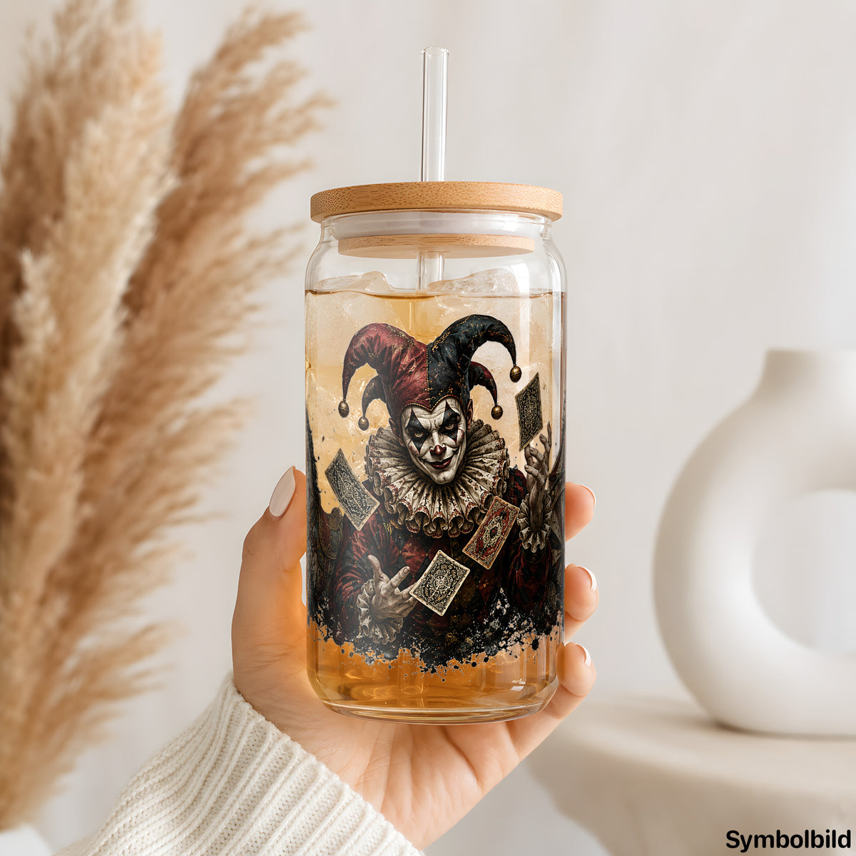 Becher-Aufkleber „Gruseliger Harlekin“ auf einem 16oz Glasbecher