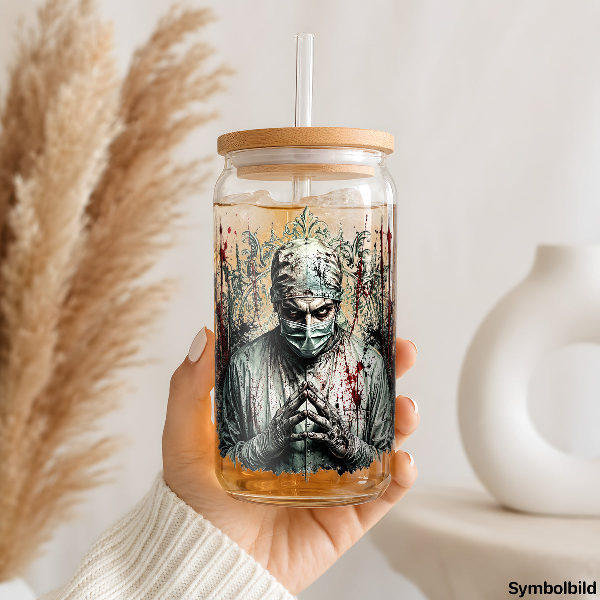 Becher-Aufkleber „Blutiger Chirurg“ auf einem 16oz Glasbecher