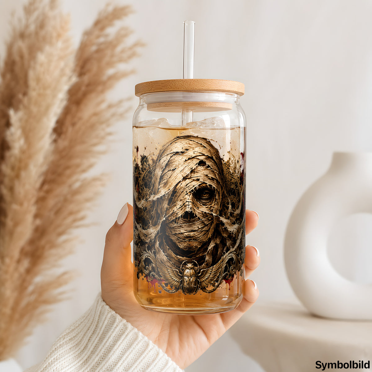 Becher-Aufkleber „Die Mumie“ auf einem 16oz Glasbecher