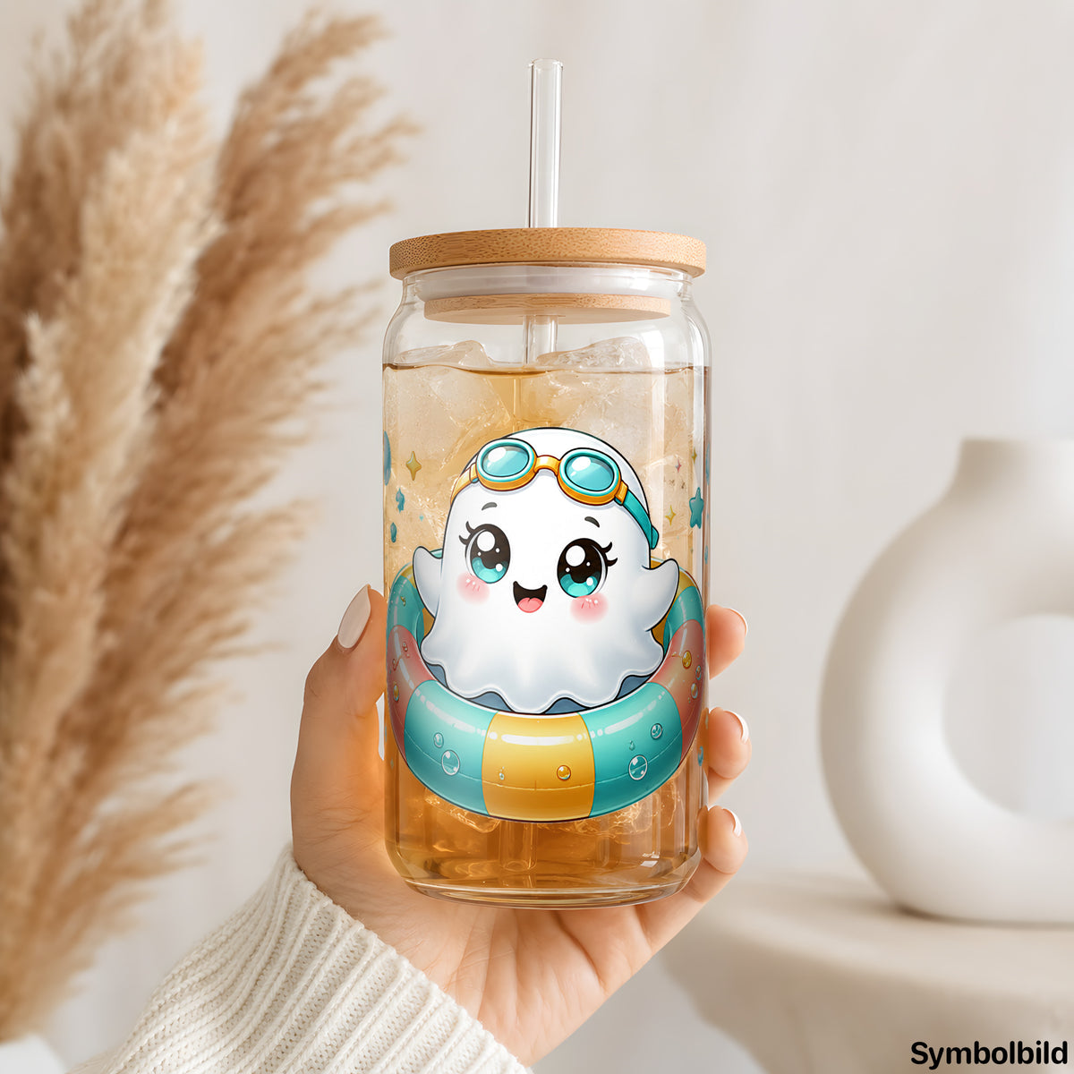 Becher-Aufkleber „Geisterchen im Schwimmring“ auf einem 16oz Glasbecher