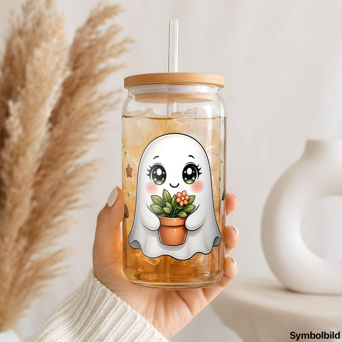 Becher-Aufkleber „Geisterchen im Garten“ auf einem 16oz Glasbecher