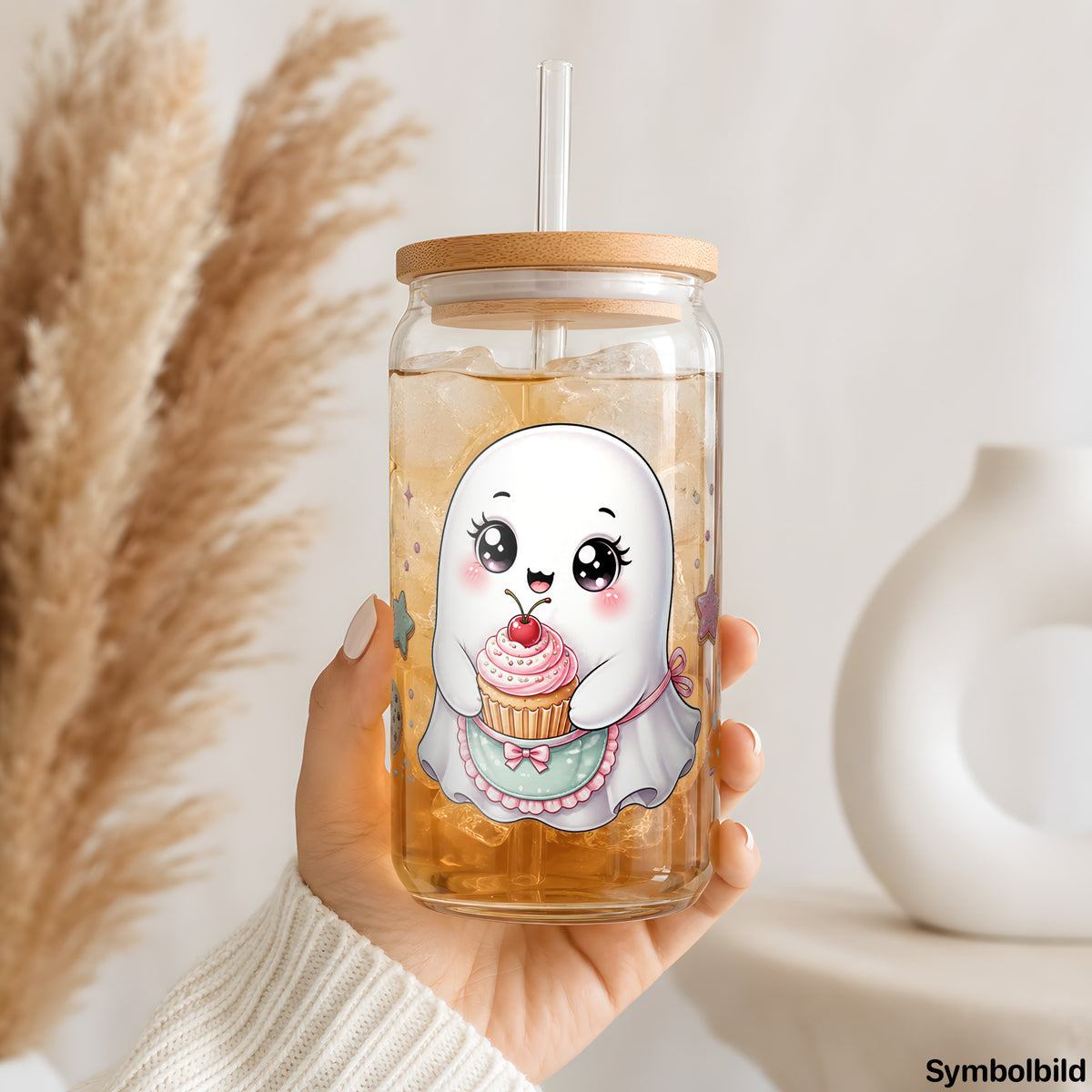 Becher-Aufkleber „Geisterchen mit Cupcake“ auf einem 16oz Glasbecher