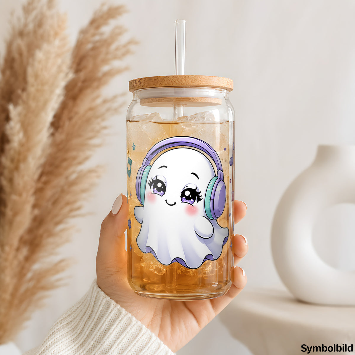 Musik-Geisterchen-Aufkleber auf einem 16oz Glasbecher