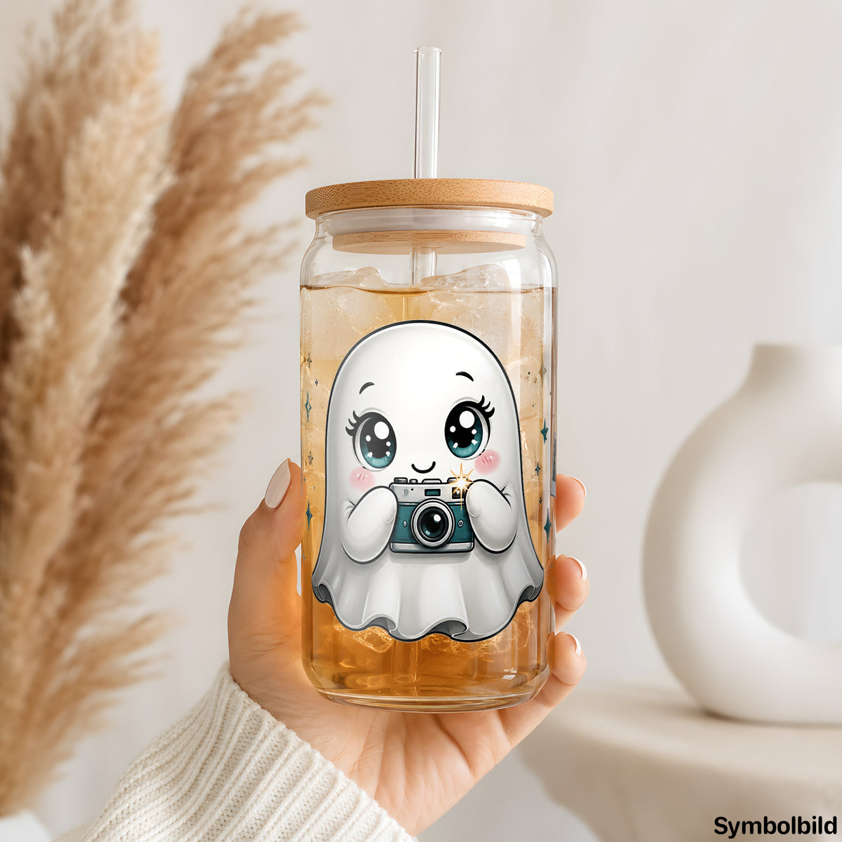 Becher-Aufkleber „Geisterchen mit Kamera“ auf einem 16oz Glasbecher