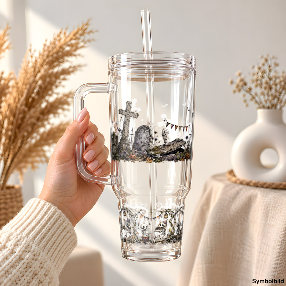 Friedhof mit Wimpelkette als UV-DTF Sticker auf einem 40oz Becher (Symbolbild)