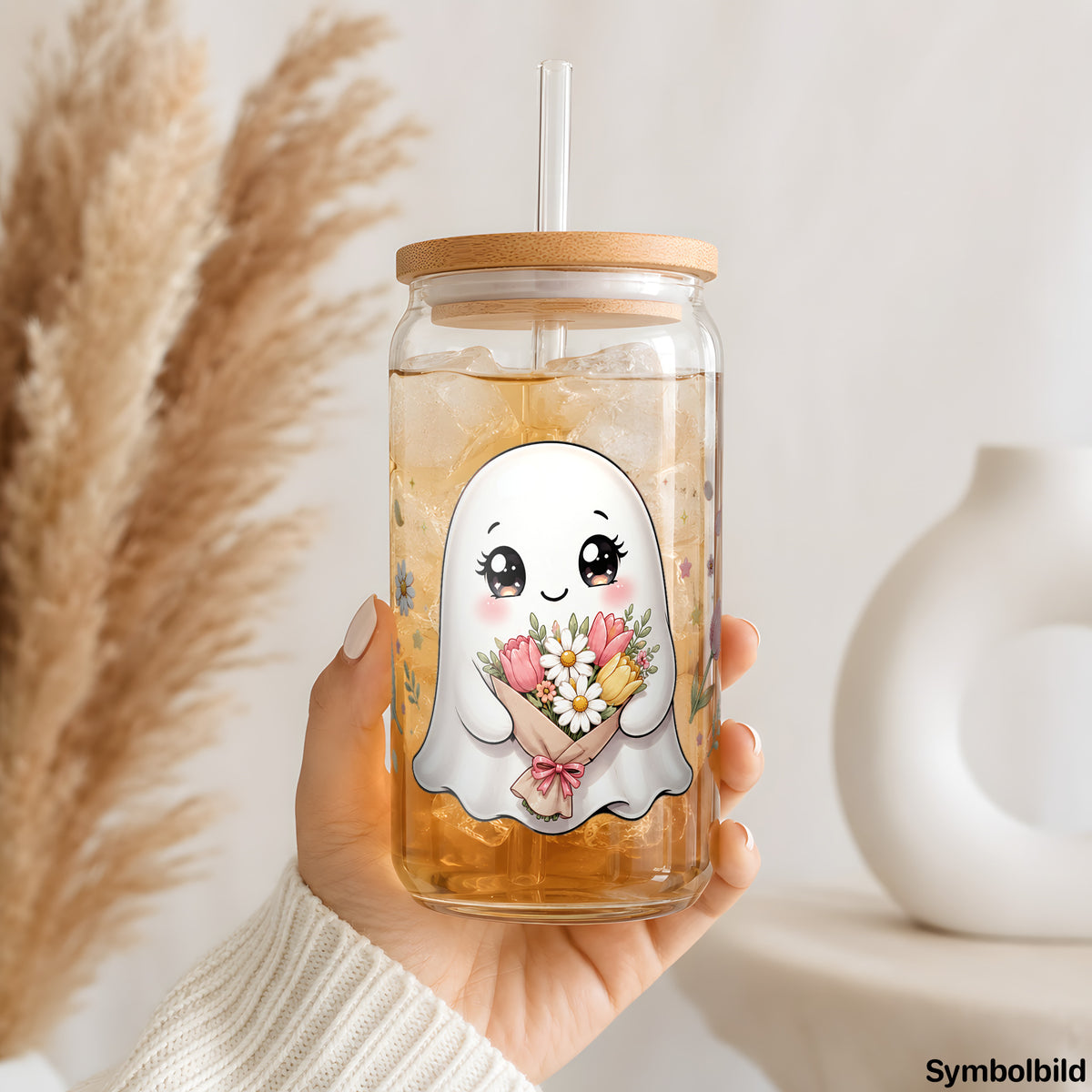 Becher-Aufkleber „Geisterchen mit Blumenstrauß“ auf einem 16oz Glasbecher