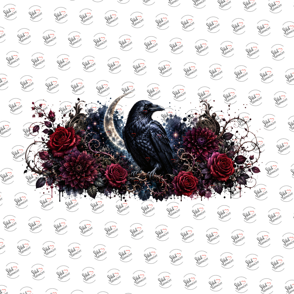 Rabe mit roten Rosen als Rub-on-Sticker, einzeln