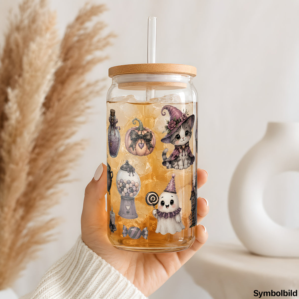 Becher-Aufkleber „Fledermaus und Freunde“ auf einem 16oz Glasbecher