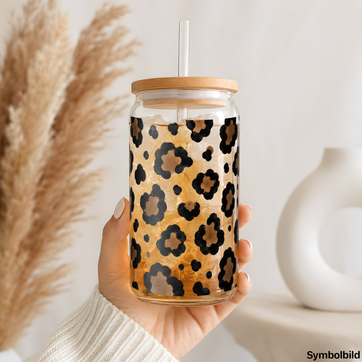 Becher-Aufkleber „Leo in Braun“ auf einem 16oz Glasbecher