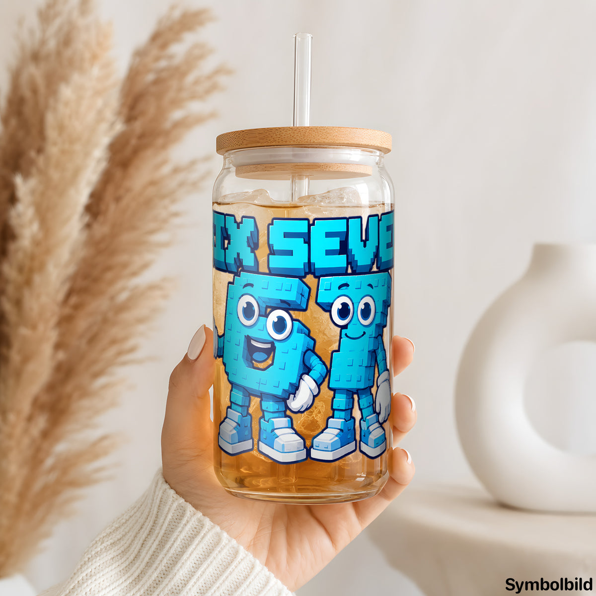 Becher-Aufkleber „Six Seven“ auf einem 16oz Glasbecher