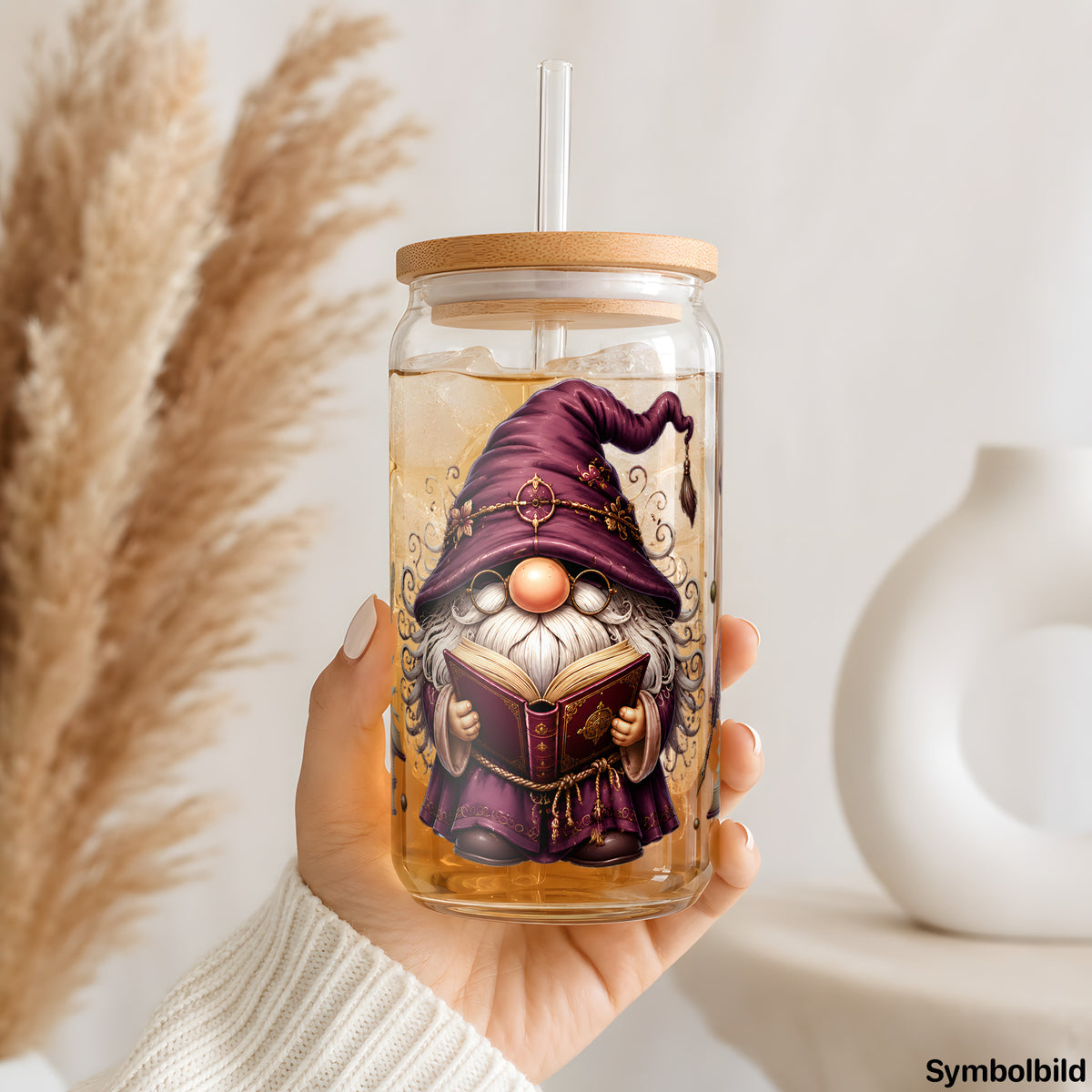 Becher-Aufkleber „Lesender Zaubererzwerg“ auf einem 16oz Glasbecher